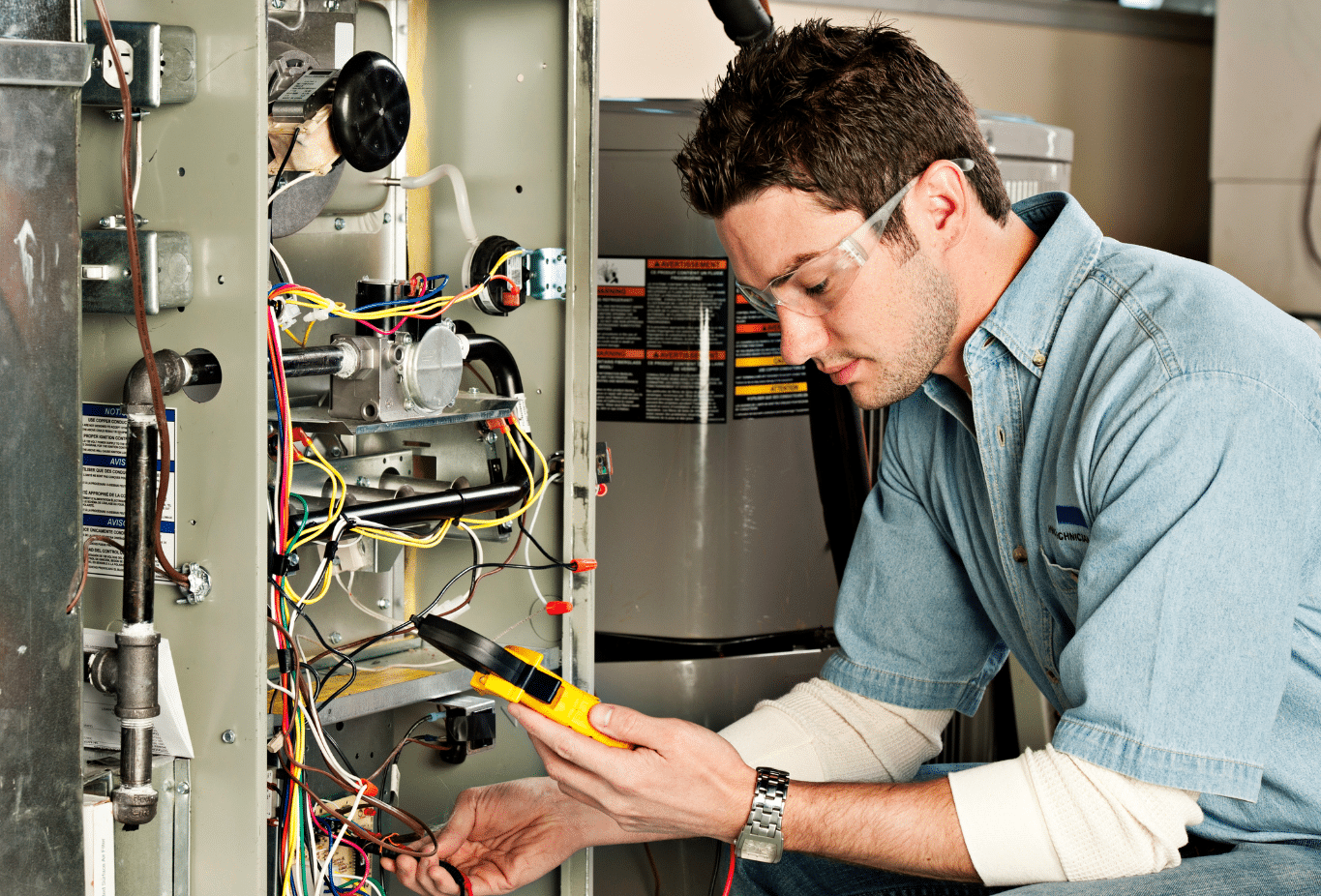 Professional Ohio Heating technician in a branded shirt inspecting an indoor evaporator coil and control wiring - hvac